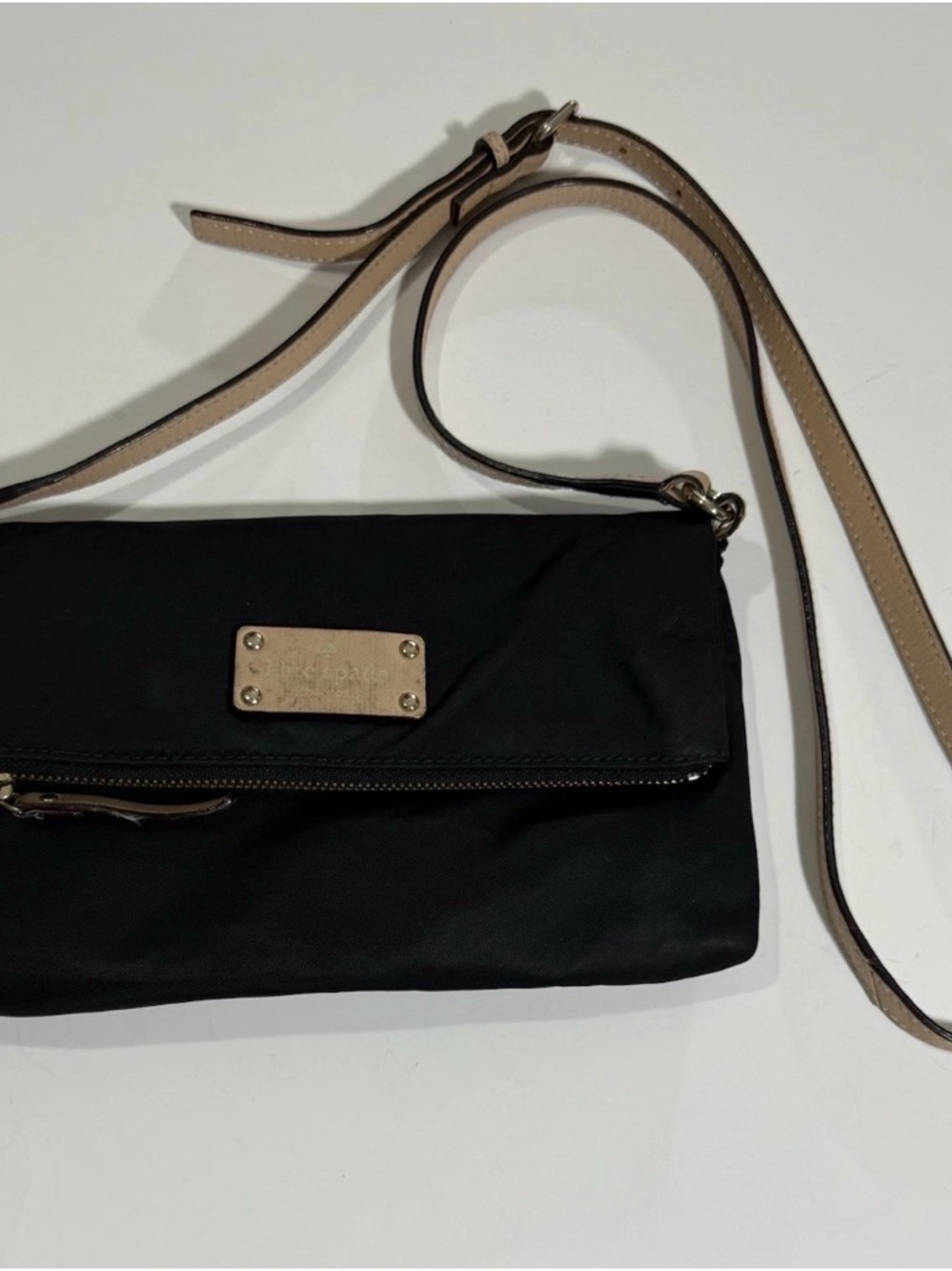 Kate Spade Classic Black Folding Crossbody Bag with Beige Strap
